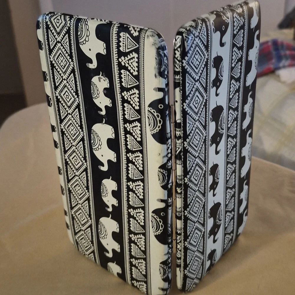 Boho Black N White Elephant Push Snap Open Wallet Clutch